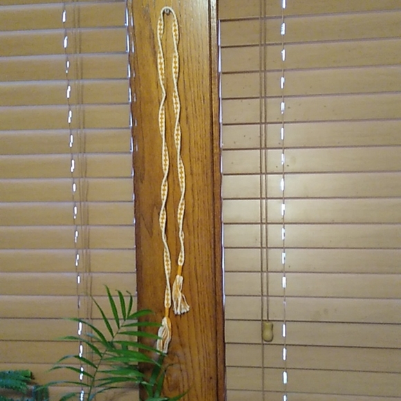 Hand Woven 40in. Geometric Golden Yellow and White Tasseled Tablet Weaving - Picture 4 of 5